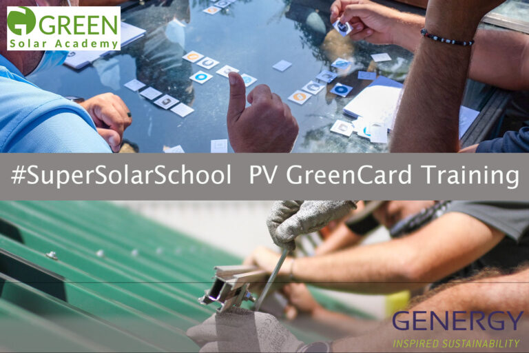 Hands at table and on roof at training session with wrting #supersolarschool PV Grencard training Green Academy Genergy inspired sustainability