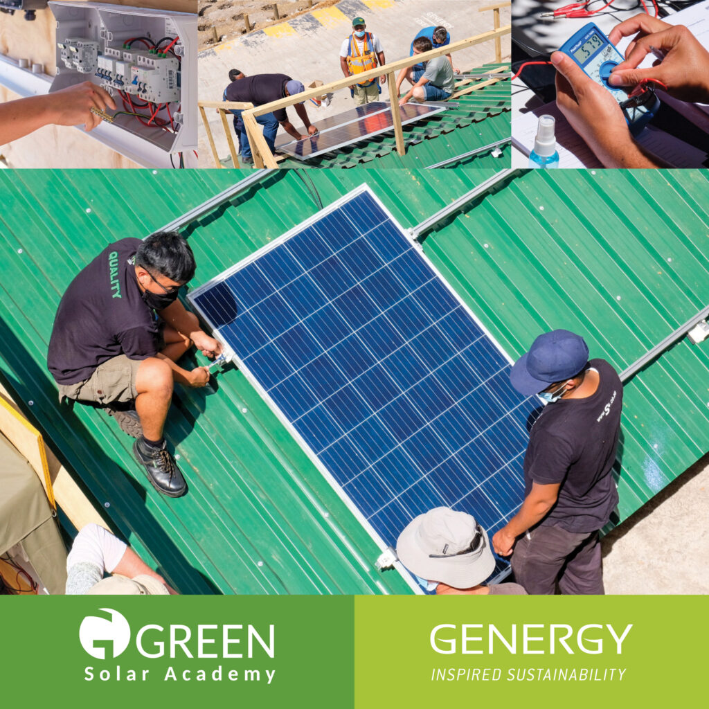 Photo collage of solar pannel installatiuon training taking place with wriuting: Green solar academy and Genergy Inspired sustainability