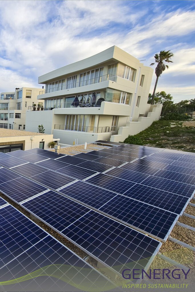 Genergy Solar panels on rooftop in Port Elizabeth Qgeberha Nelson Mandela Bay with writing: GENERGY, Inspired sustainability