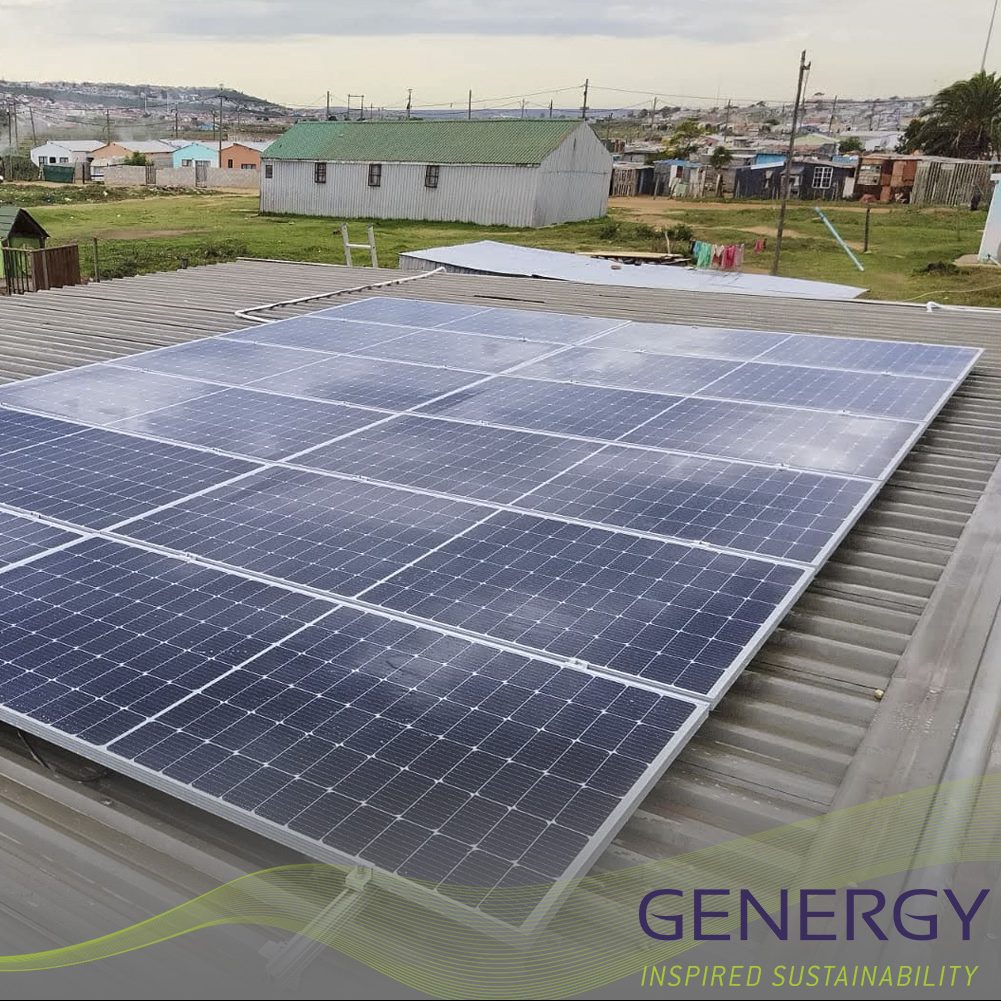 Solar panel installation on top of Kleinskool with writing: Genergy Inspired Sustainability