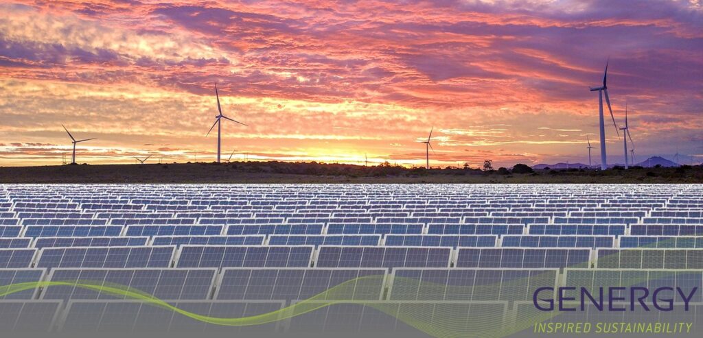 Sunset with wind turbines collaged with solar panels with green lines and writting in bottom right corner: GENERGY, Inspired sustainability
