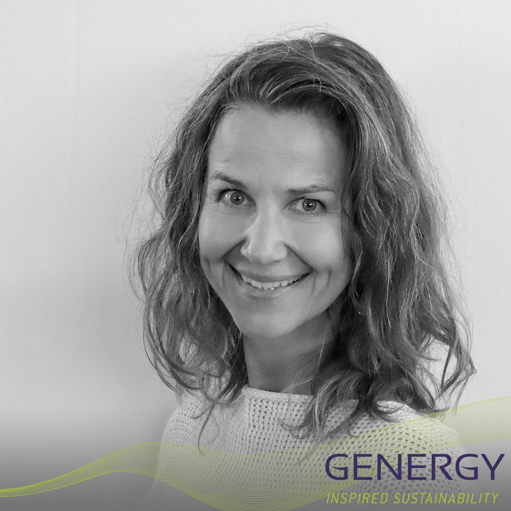 Astrid Forbes Director and founder of GENERGY with green lines at bottom of image and writing in bottom corner: GENERGY, Inspired sustainability
