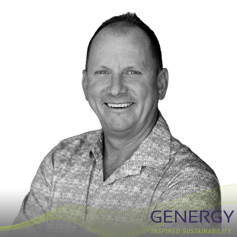 Terry Billson Director and founder of GENERGY with green lines at bottom of image and writing in bottom corner: GENERGY, Inspired sustainability