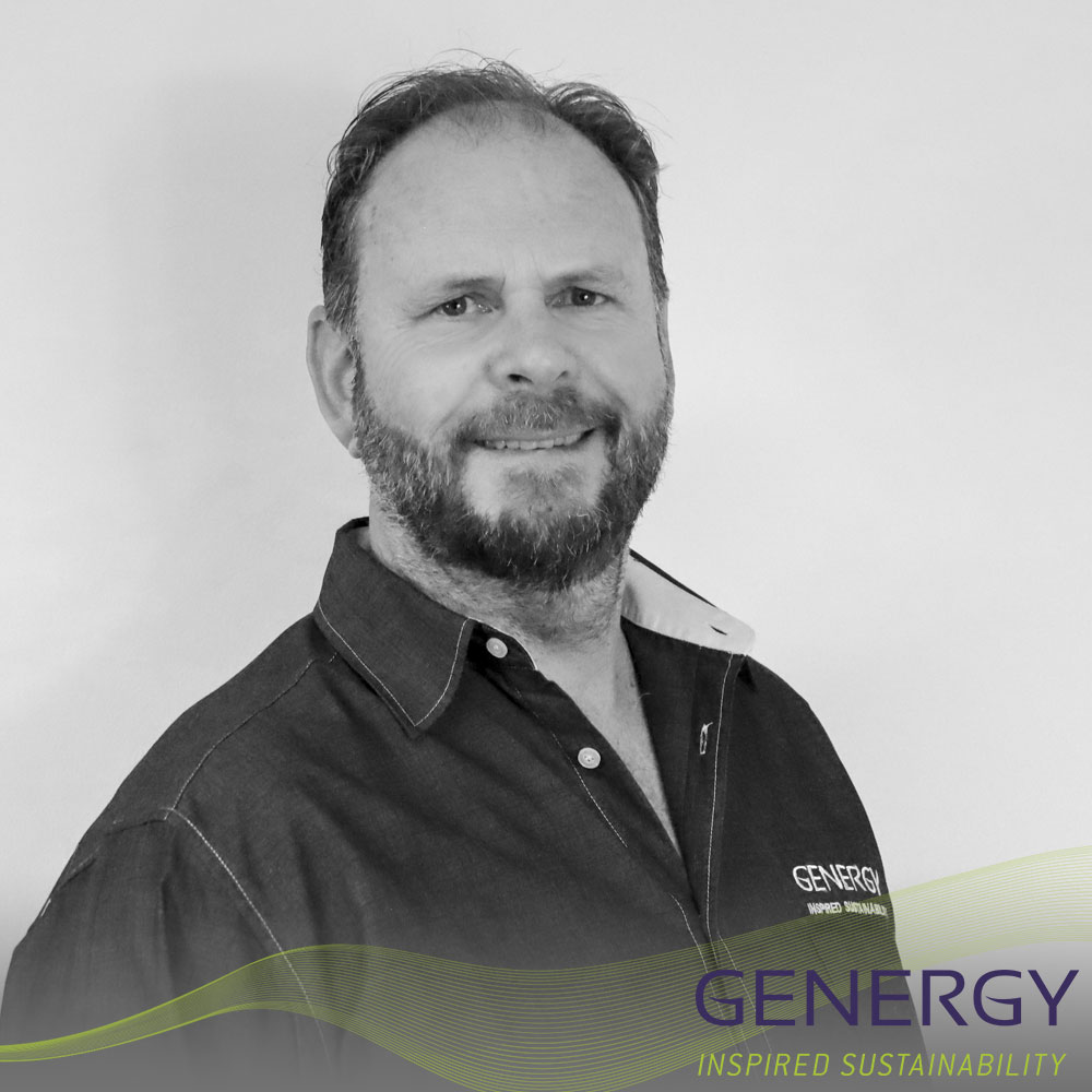 Kevin Slabbert Director and founder of GENERGY with green lines at bottom of image and writing in bottom corner: GENERGY, Inspired sustainability