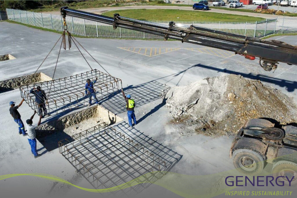 Aerial image of 4 men in front of rectangular hole with green lines at the bottom of the image and writing in the bottom right corner: GENERGY, Inspired sustainability