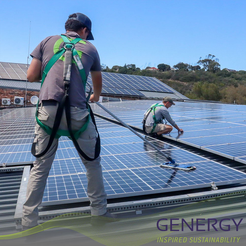 2 people on rooftop cleaning solar panels with green lines at bottom of image and writing in bottom right corner: GENERGY, Inspired sustainability