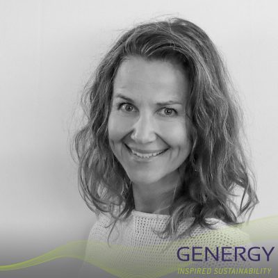 Astrid Forbes Director and founder of GENERGY with green lines at bottom of image and writing in bottom corner: GENERGY, Inspired sustainability
