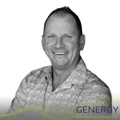 Terry Billson Director and founder of GENERGY with green lines at bottom of image and writing in bottom corner: GENERGY, Inspired sustainability
