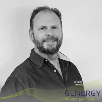 Kevin Slabbert Director and founder of GENERGY with green lines at bottom of image and writing in bottom corner: GENERGY, Inspired sustainability